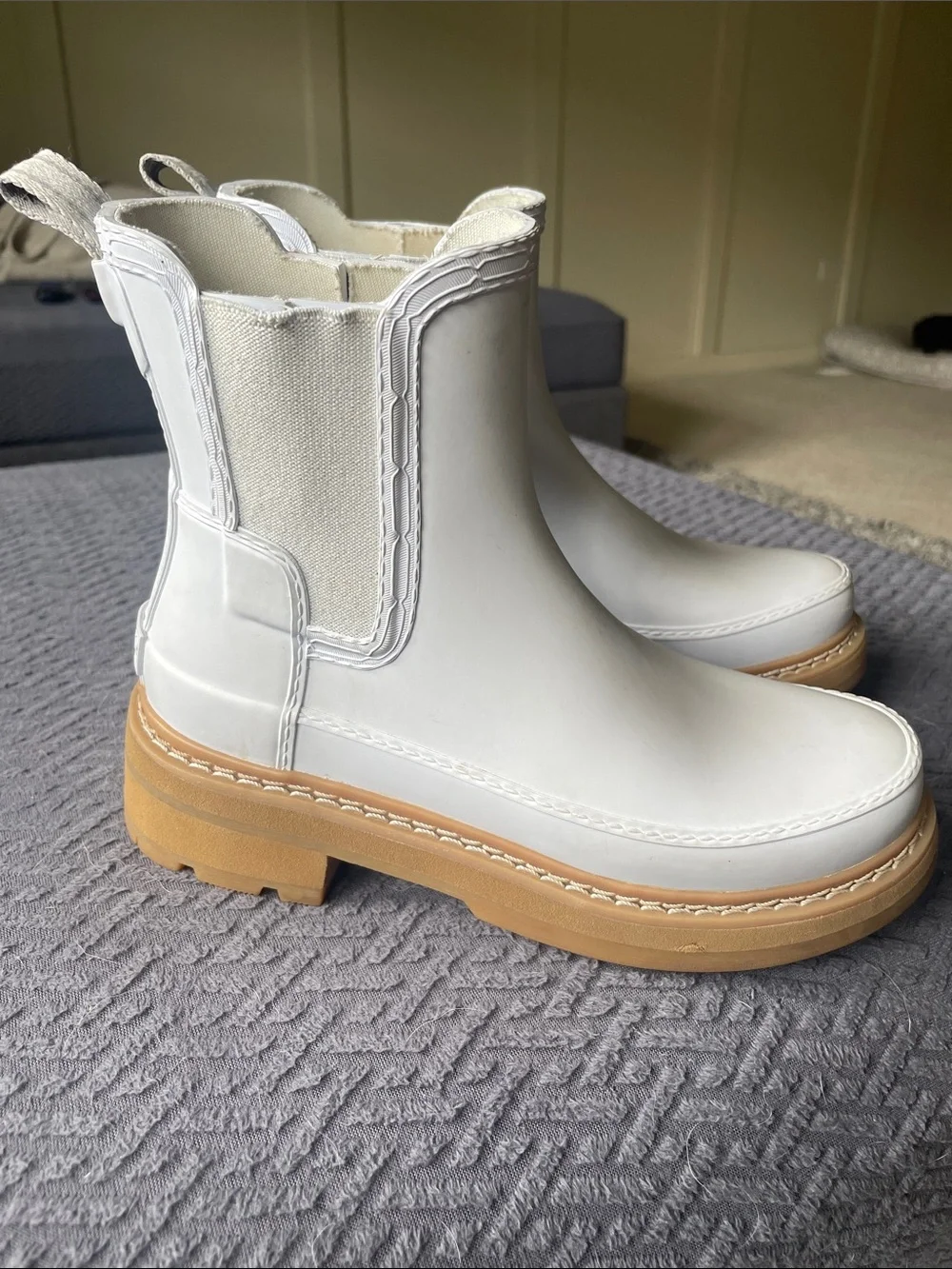 Hunter White Chelsea Rain Boots with Tan Lug Sole